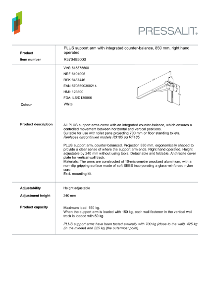 PLUS support arm with integrated counter-balance, 850 mm, right hand
operated Datasheet