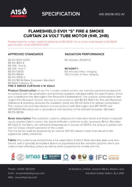 A1S Flameshield EVO Fire Curtain - Single With Smoke Seals