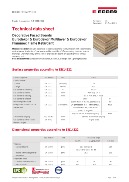 Technical Datasheet - Eurodekor® Decorative Faced Boards