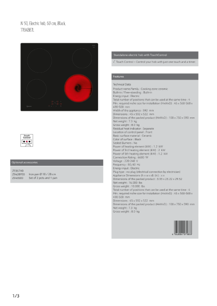 Ceramic hobs T16NBE1L, Datasheet