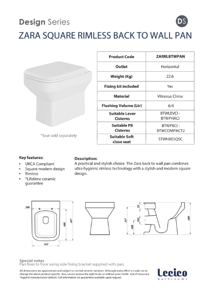 Zara Back-to-Wall Standard Height Rimless WC Pan