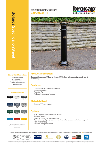 Polyurethane Manchester Bollard Specification Sheet