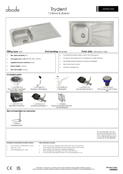 AW5054 Trydent. Stainless Steel Inset Sink (Single Bowl) - Consumer Spec