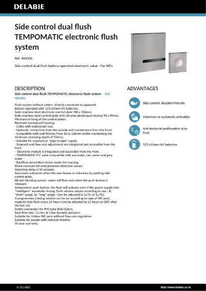 TEMPOMATIC control plate for remote WC flush Data Sheet - 464306