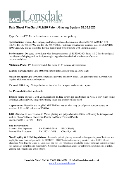 Technical Data Sheet PlasGard Patent Glazing