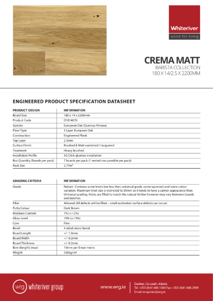 180 x 14 x 2200mm Barista Crema Matt Plank Spec Sheet