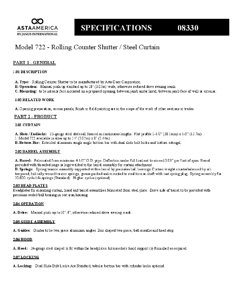Model 722 Technical Specifications Steel