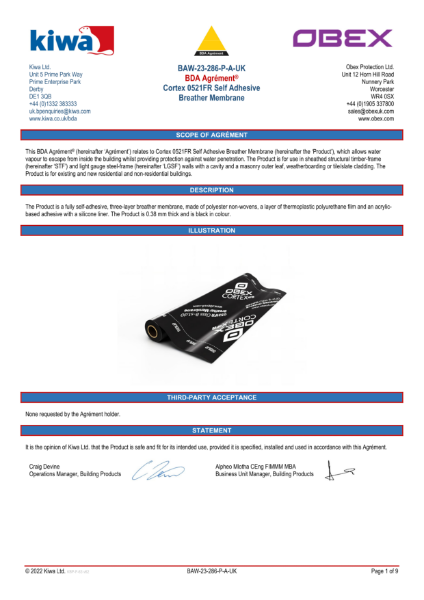 Cortex 0521FR KIWA BDA Agrement Certificate