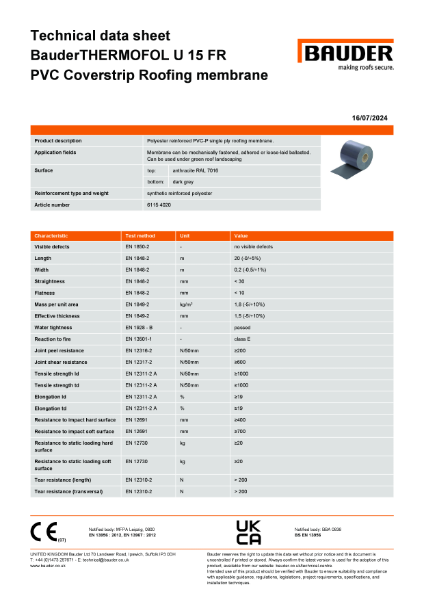 BauderTHERMOFOL U 15 FR PVC Roofing membrane (Anthracite)