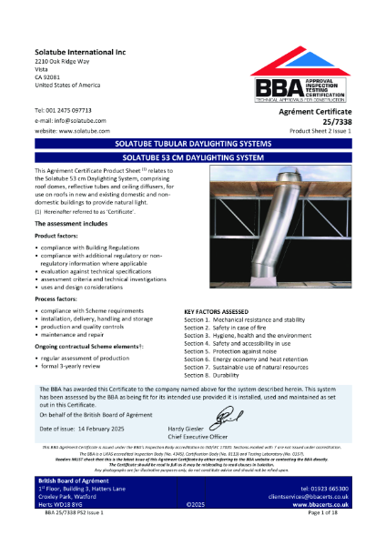 Solatube Solamaster BBA Certificate 2025