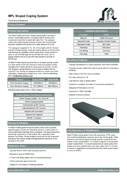 Metal Profiles - Sloped Coping System TDS