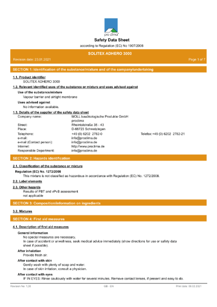 Solitex Adhero 3000 Material Safety Datasheet (MSDS)