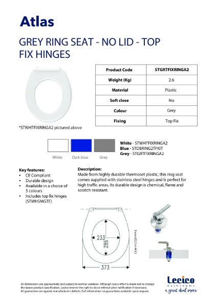 Grey Ring Seat with Top Fix Hinges No Lid