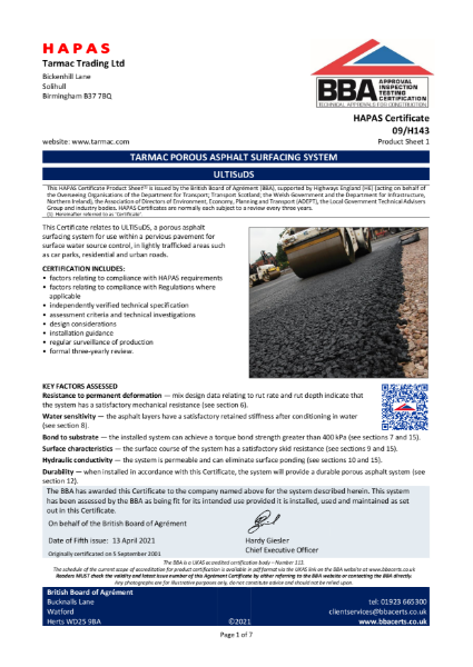 TARMAC POROUS ASPHALT SURFACING SYSTEM - UltiSuDS - 09/H143