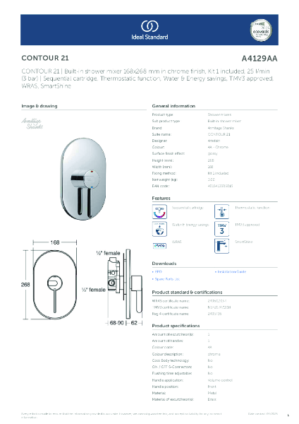 Datasheet - A4129AA CONTOUR 21 | Built-in shower mixer