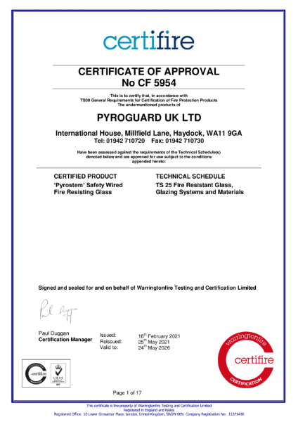 Certifire Certificate of Approval CF 5954 - 'Pyrostem' Safety Wired Fire Resisting Glass