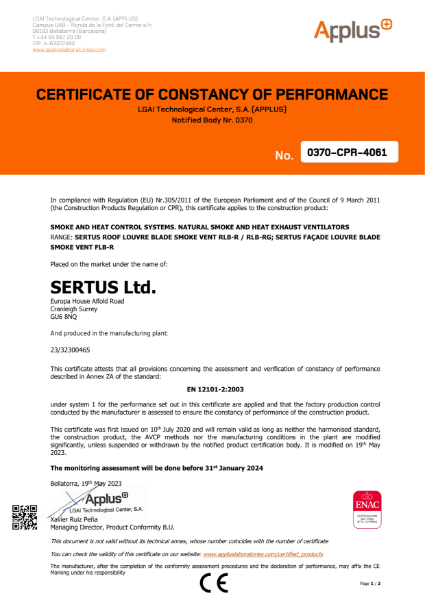 Certificate of Constancy of Performance – Roof Louvre Blade (RLB-R & RLB-RG)