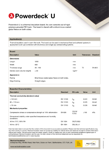Powerdeck U flat roof insulation technical datasheet
