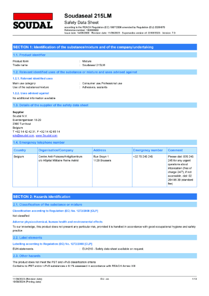 Safety Data Sheet - Soudaseal 215LM