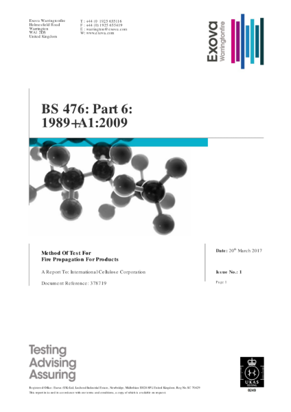 Warringtonfire: Method of test for Fire propagation for products - BS 476 Part 6: 1989 A1: 2009