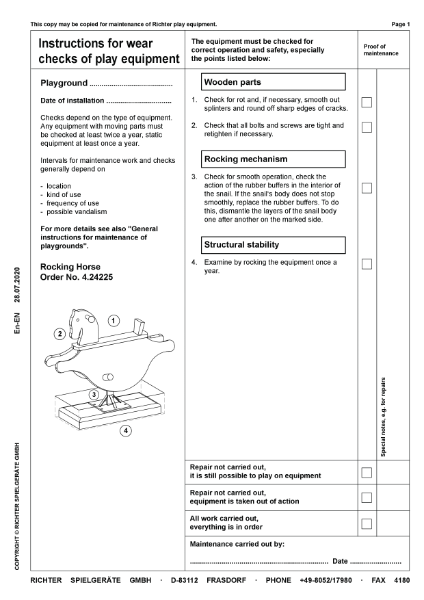 Timberplay Animals - Rocking Horse - Maintenance Instructions