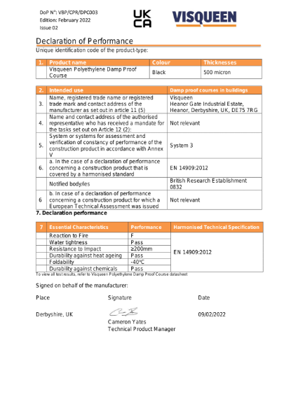 DPC UKCA Visqueen Polyethylene Damp Proof Course Declaration of Performance