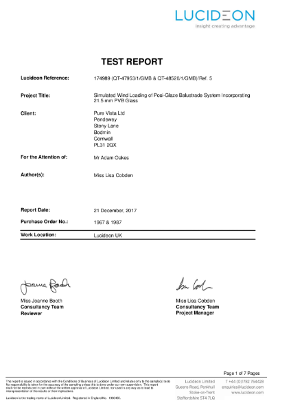 Posi-Glaze Frameless Glass Balustrade 21.5mm PVB Laminate Wind load report