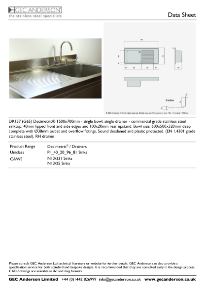 GEC Anderson Data Sheet - DR157 (G65)R Single Bowl With Drainer