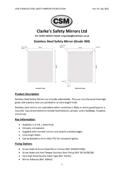 CSM Stainless Steel Safety Mirror Specification Rev04