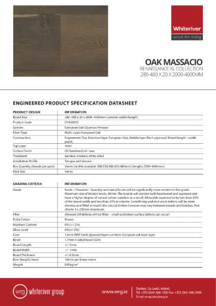 280-480 x 20 x 2000-4000mm Renaissance Oak Masachio XL Plank Spec Sheet
