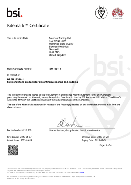 BS Kitemark: Certificate no. KM08014 | Welsh Slate | NBS Source