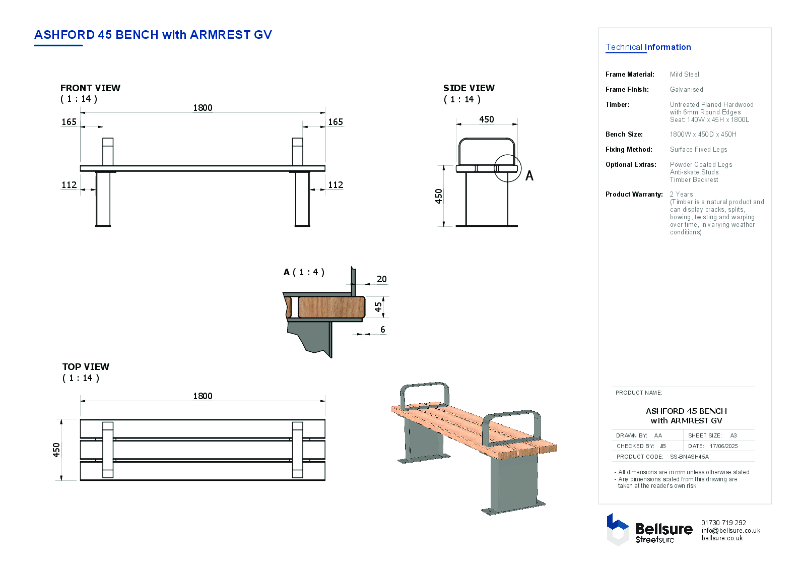 Ashford Bench with Armrest Datasheet
