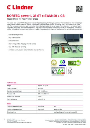 Calcium sulphate raised access floor - NORTEC - L 38 ST SWM120 CS - Data Sheet