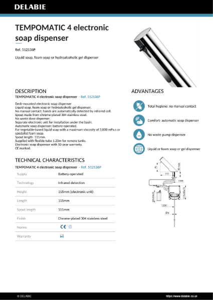 TEMPOMATIC 4 electronic soap dispenser Data Sheet – 512136P