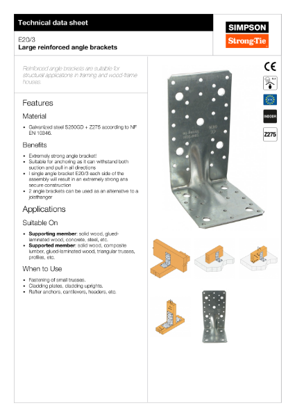 E20/3: Large Reinforced Angle Brackets Technical Data Sheet