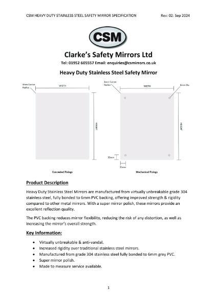 Heavy Duty Stainless Steel Mirror Specification - Rev 02 - Sep 2024