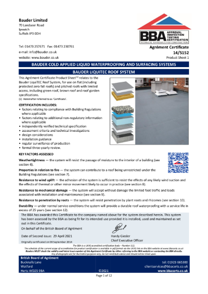 Certificate:  LiquiTEC Roof Systems 14/5152