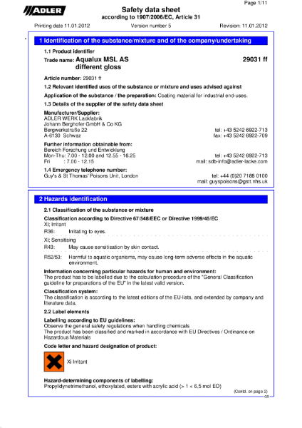 Waterbased Colour Lacquer - Safety Sheet