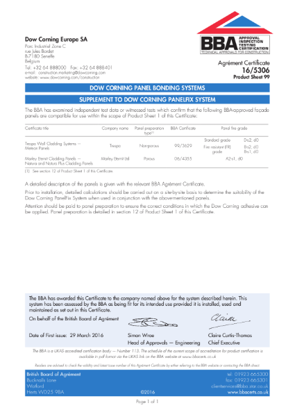 BBA Certificate Supplement DOWSIL PanelFix System