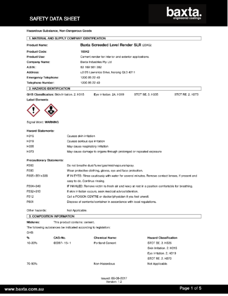 Baxta Screeded Level Render SLR Safety Data Sheet