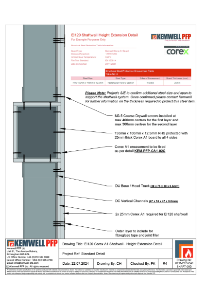 KEM-PFP-CA1-SHAFT-08D - Corex A1 - Shaftwall Details - EI120 Height Extension R4