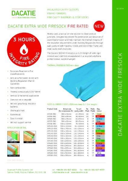 Dacatie Wide Extra Firesock - Fire Cavity Barrier  1 Hour Fire  Integrity  -  20 to 300mm Cavities-  Data sheet