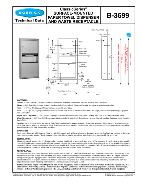 ClassicSeries® Surface-Mounted Paper Towel Dispenser and Waste Receptacle - B-3699