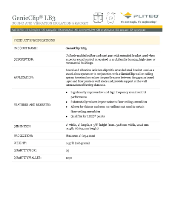 PLITEQ - GENIECLIP CLIP-LB3-BOX - Technical Data Sheet