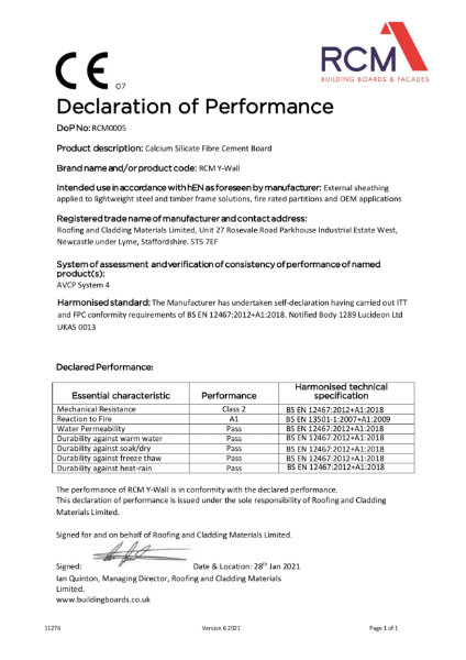 Declaration of Performance Certificate for Y-Wall