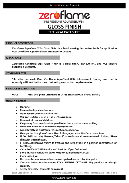 Zeroflame AquaSteel Gloss Finish Tech Data Sheet