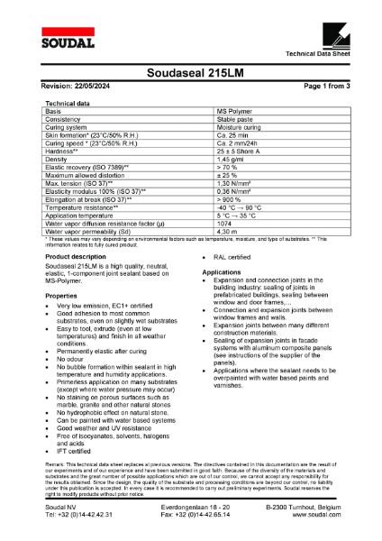 Technical Data Sheet - Soudaseal 215LM