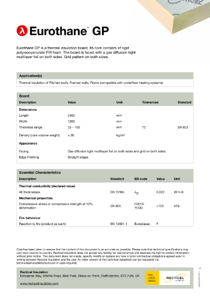 Eurothane GP floor, pitched roof and framed wall insulation technical datasheet