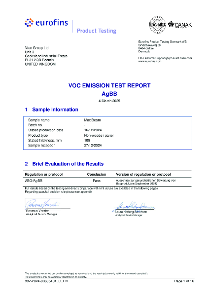 VOC Emission Tests ABG/AgBB – Pass