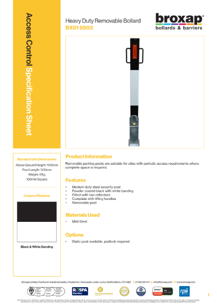 Heavy Duty Removable Bollard Specification Sheet